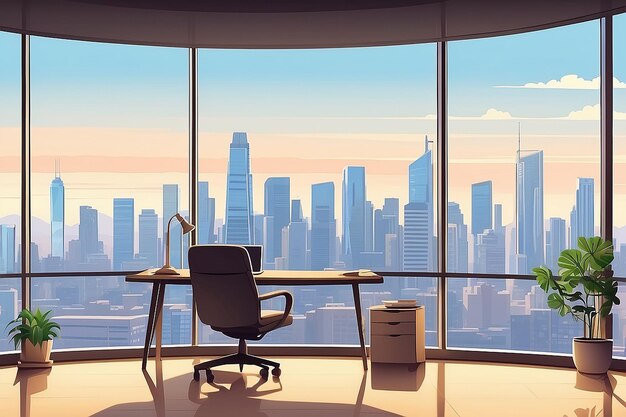 Une vue panoramique d'un espace de bureau à domicile avec de grandes fenêtres surplombant l'horizon de la ville Illustration vectorielle en style plat