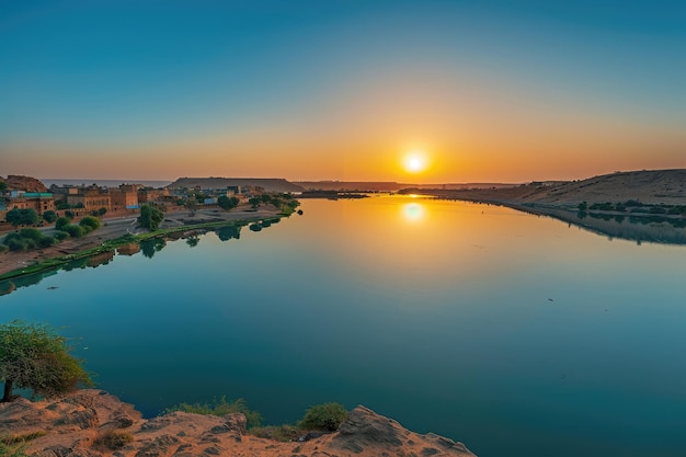 Une vue panoramique étonnante sur le lac Gadisar ou Gadi Sagar au lever du soleil à Jaisalmer, en Inde