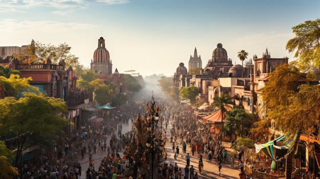 une vue panoramique d'un festival du jour des morts avec des rues animées remplies de monde