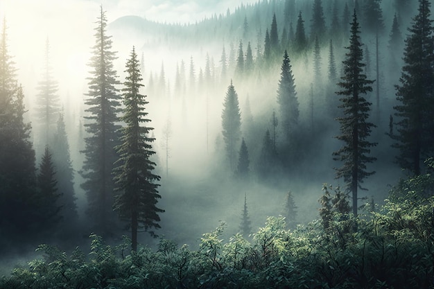 Vue panoramique sur la forêt avec un brouillard matinal brumeux apportant une touche de magie au paysage