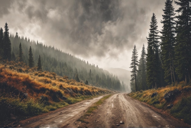 Une vue panoramique d'une forêt brumeuse révèle une route de montagne sinueuse qui disparaît dans le brouillard.