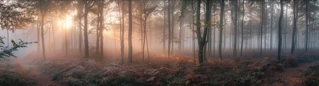 Photo une vue panoramique d'une forêt ensoleillée avec de la brume et du feuillage d'automne