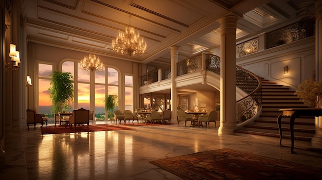 vue panoramique sur un grand séjour avec un escalier et un piano à queue ai génératif