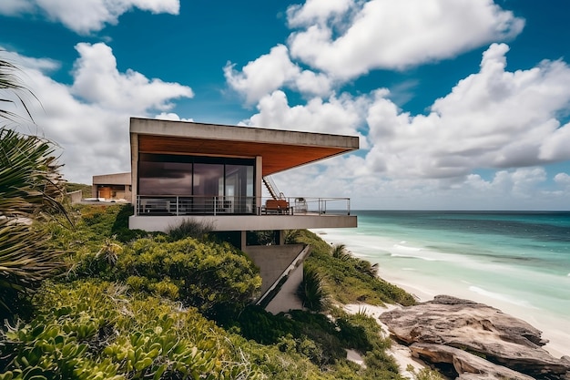 Photo vue panoramique d'une grande maison située au sommet d'une colline surplombant l'océan