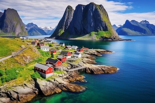 Photo vue panoramique de hamnoy, un petit village de pêcheurs de la municipalité de moskenes dans le comté de nordland en norvège