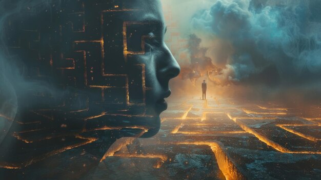 Vue panoramique d'un homme face au labyrinthe complexe à l'intérieur d'une tête symbolisant le voyage dans la psyché2
