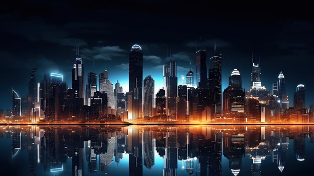 Vue panoramique de l'horizon de la ville futuriste avec de hauts bâtiments la nuit