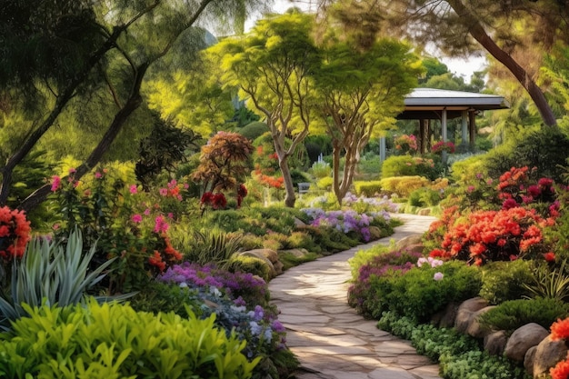 Vue panoramique sur un jardin paisible avec des allées sinueuses de fleurs épanouies vibrantes