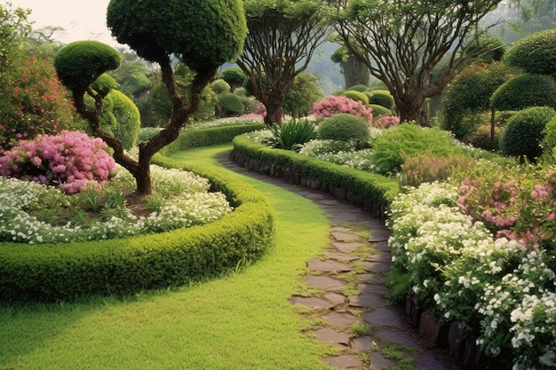 Vue panoramique sur un jardin verdoyant avec des allées sinueuses de fleurs épanouies