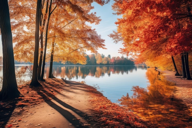 Vue panoramique d'un lac entouré d'arbres d'automne