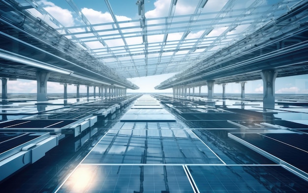 Vue panoramique de la ligne de production de panneaux solaires avec des bras robotiques dans une usine moderne de Bright. Les panneau solaires sont assemblés sur des convoyeurs créés avec la technologie d'intelligence artificielle générative.