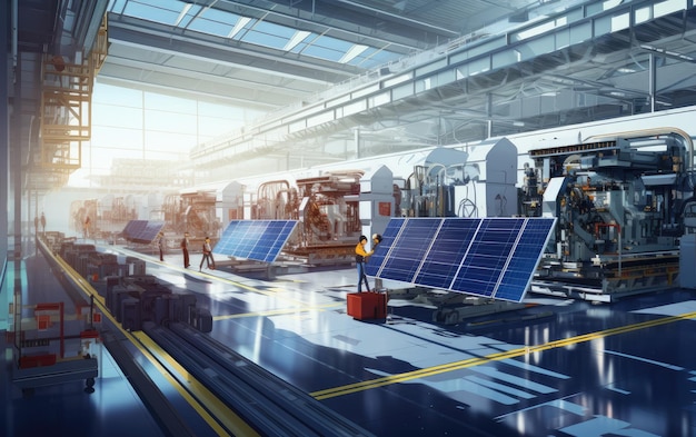 Vue panoramique de la ligne de production de panneaux solaires avec des bras robotiques dans une usine moderne de Bright. Les panneau solaires sont assemblés sur des convoyeurs créés avec la technologie d'intelligence artificielle générative.