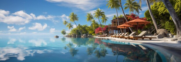 Vue panoramique de luxe sur la plage d'une piscine de villégiature et d'une île ensoleillée