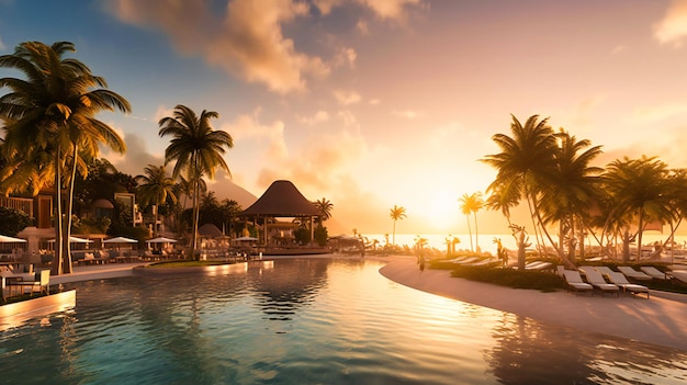 Une vue panoramique sur une luxueuse station balnéaire dans un paradis tropical surplombant la mer turquoise au coucher du soleil