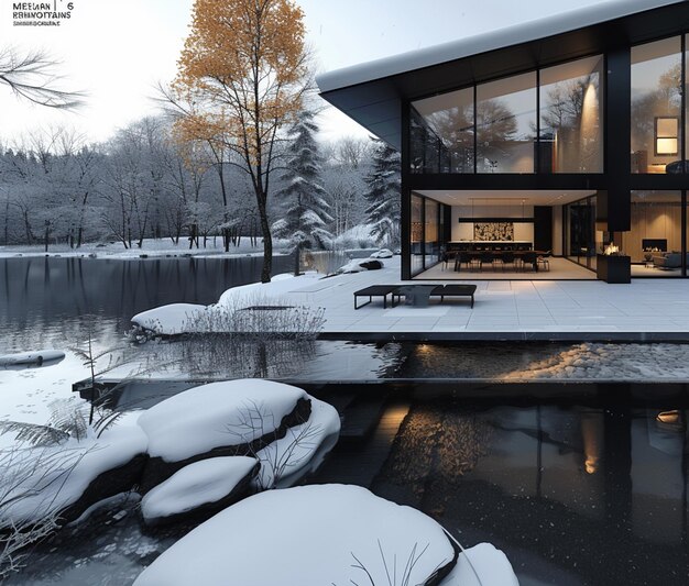 vue panoramique d'une maison avec un lac et un sol couvert de neige