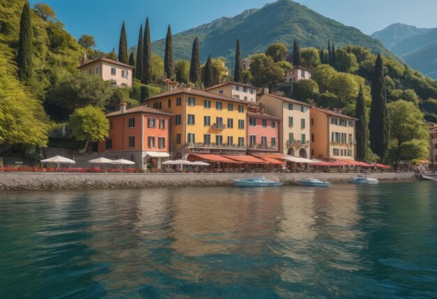 Vue panoramique de maisons colorées au bord du lac entourées de collines vertes sous un ciel bleu