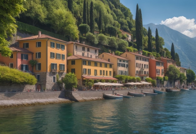 Vue panoramique de maisons colorées au bord du lac entourées de collines vertes sous un ciel bleu