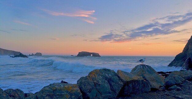 Photo vue panoramique de la mer au coucher du soleil