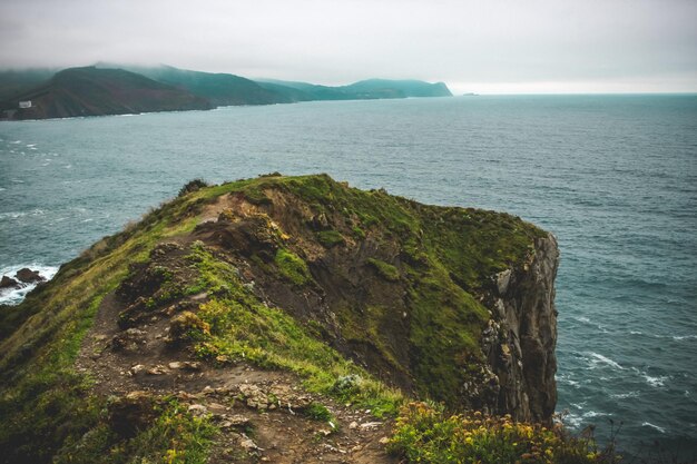 Vue panoramique de la mer par une falaise contre le ciel