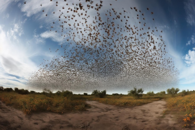 Vue panoramique d'une migration de papillons avec d'innombrables papillons en vol