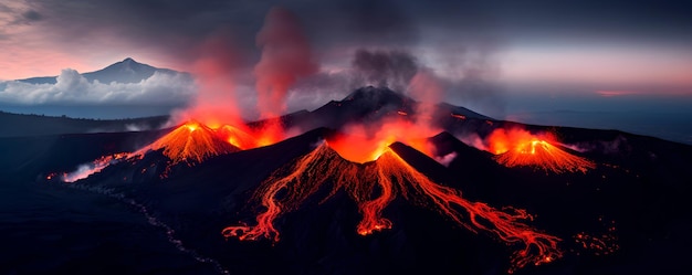 Photo vue panoramique de la montagne avec éruption volcanique et coulée de lave