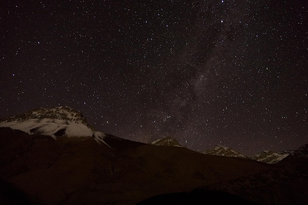 Vue panoramique des montagnes contre le champ d'étoiles la nuit