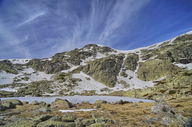 Vue panoramique sur les montagnes couvertes de neige sur un fond de ciel bleu