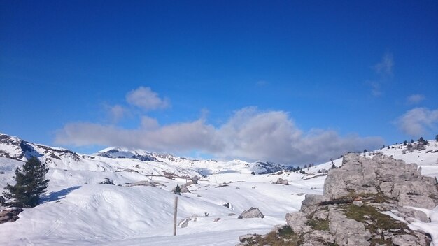 Photo vue panoramique des montagnes enneigées contre le ciel bleu