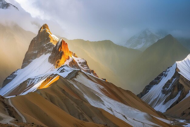 Vue panoramique des montagnes enneigées du haut Mustang Route de randonnée de la réserve naturelle d'Annapurna au Népal