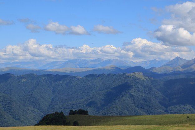 Vue panoramique sur les montagnes et les vallées dans le parc national Dombay, Caucase, Russie, Europe. Ciel bleu dramatique et paysage d'été ensoleillé