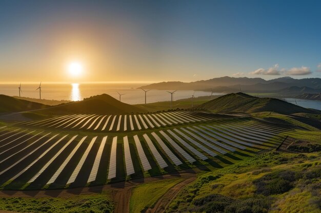 Une vue panoramique montre des panneaux solaires et des éoliennes au milieu d'un paysage étendu symbolique