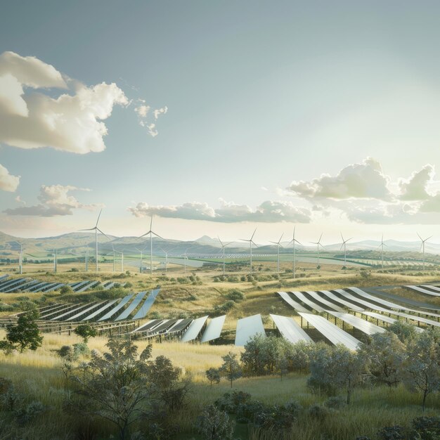 Une vue panoramique montre des panneaux solaires et des éoliennes au milieu d'un paysage étendu symbolique