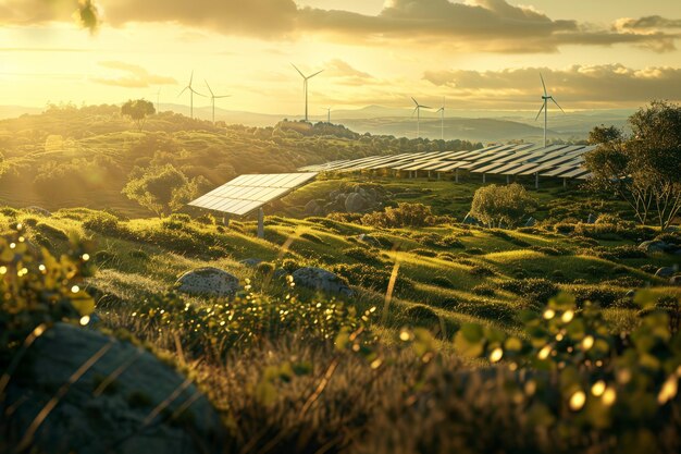 Une vue panoramique montre des panneaux solaires et des éoliennes au milieu d'un paysage étendu symbolique