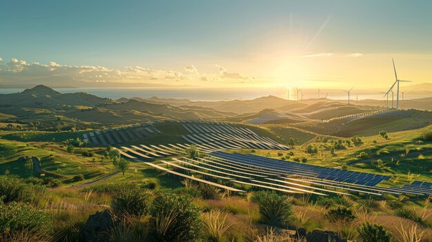 Une vue panoramique montre des panneaux solaires et des éoliennes au milieu d'un paysage étendu symbolique