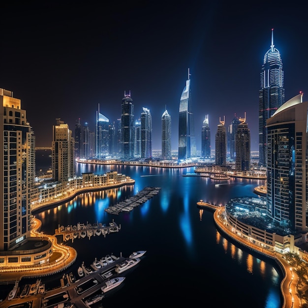 Vue panoramique nocturne sur la baie de la marina de Dubaï et le centre-ville des Émirats Arabes Unis