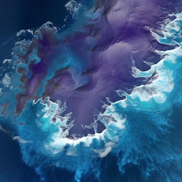 vue panoramique d'un océan bleu et violet avec des vagues génératives ai