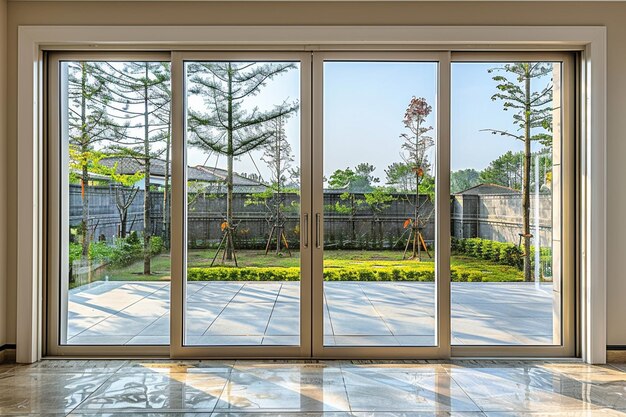 vue panoramique d'un patio avec une porte coulissante en verre et un patio génératif ai