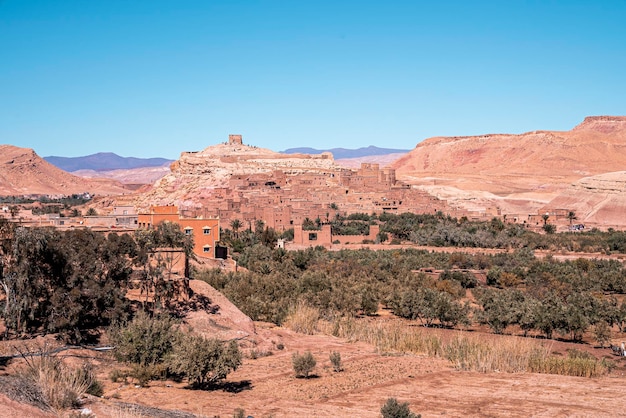 Vue panoramique sur le paysage de montagne désert et la ville avec des buissons