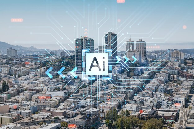 Vue panoramique sur le paysage urbain du centre-ville financier de San Francisco depuis le toit pendant la journée Californie États-Unis Hologramme d'intelligence artificielle AI machine learning réseau de neurones robotique