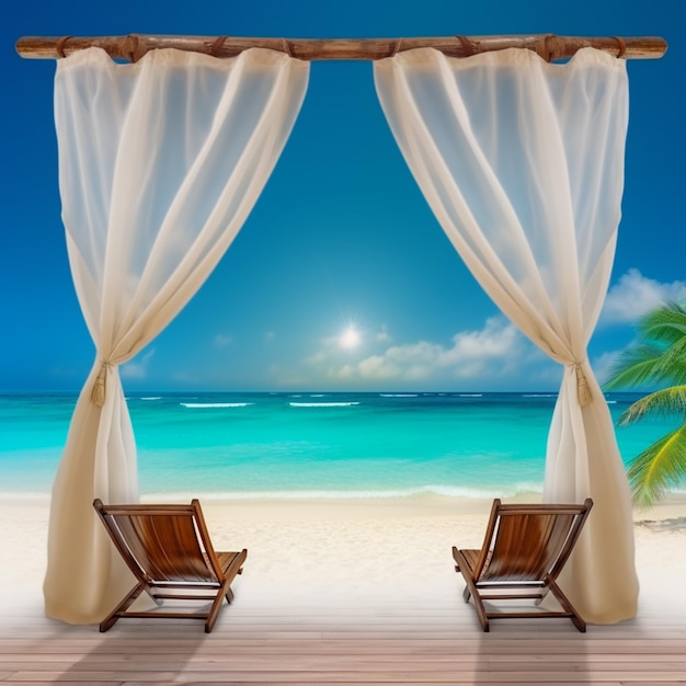 vue panoramique d'une plage avec deux chaises et un palmier génératif ai