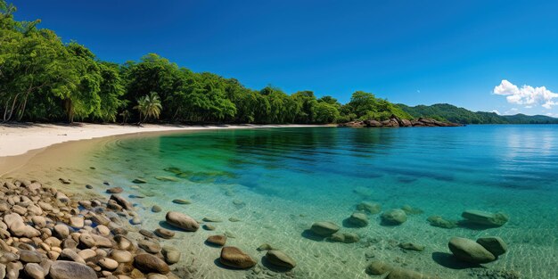 Vue panoramique d'une plage tropicale isolée aux eaux cristallines et aux forêts denses.