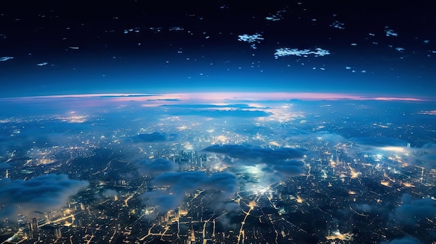 Vue panoramique sur la planète Terre depuis l'espace Lumières de la ville rougeoyantes Nuages légers AI générative
