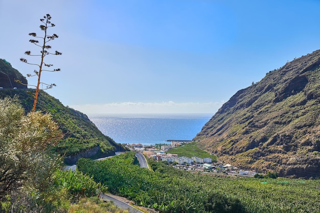 Vue panoramique sur les plantations de bananes autour de Los Llanos La Palma en Espagne Belles terres agricoles à la campagne contre un ciel bleu et l'océan Montagnes vertes entourant une ville agricole déserte