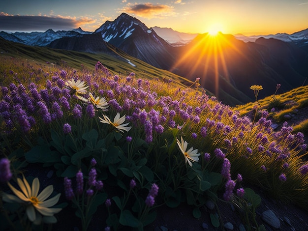 Vue panoramique sur une prairie de crocus en fleurs dans les montagnes au coucher du soleil