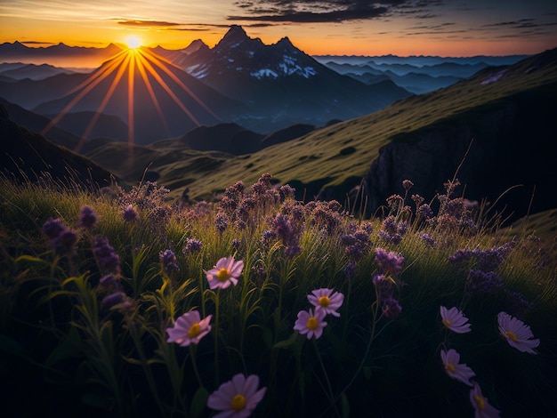 Vue panoramique sur une prairie de crocus en fleurs dans les montagnes au coucher du soleil