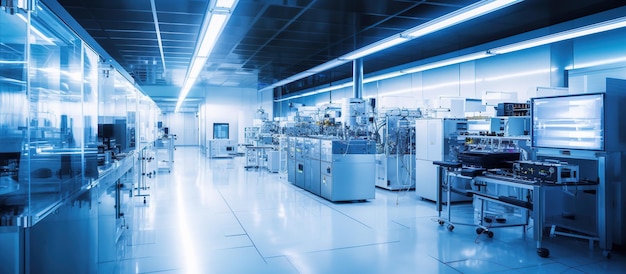 Vue panoramique de la production de semi-conducteurs avancés brillants Fab salle blanche IA générative
