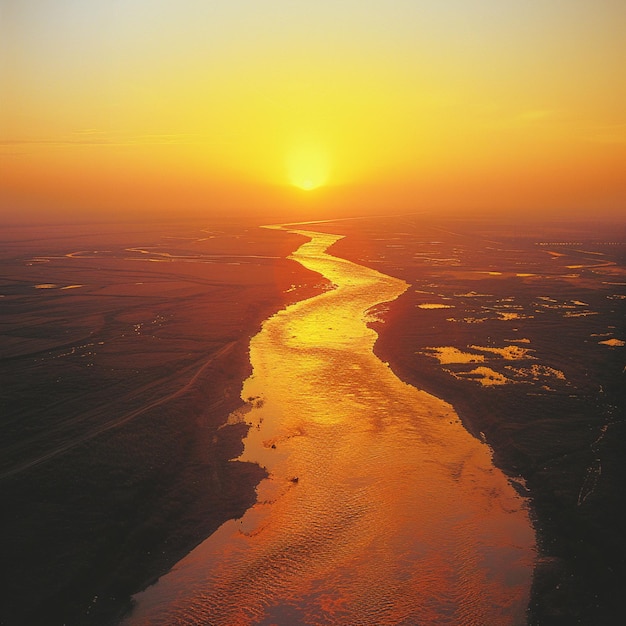 vue panoramique d'une rivière avec un coucher de soleil en arrière-plan