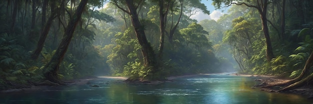 Une vue panoramique sur une rivière dans une jungle verdoyante sous un ciel bleu