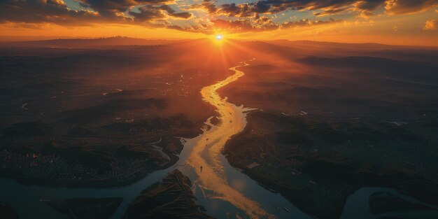 vue panoramique d'une rivière qui traverse une vallée au coucher du soleil