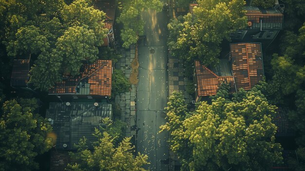 Photo une vue panoramique d'une route bordée d'arbres et de maisons d'en haut